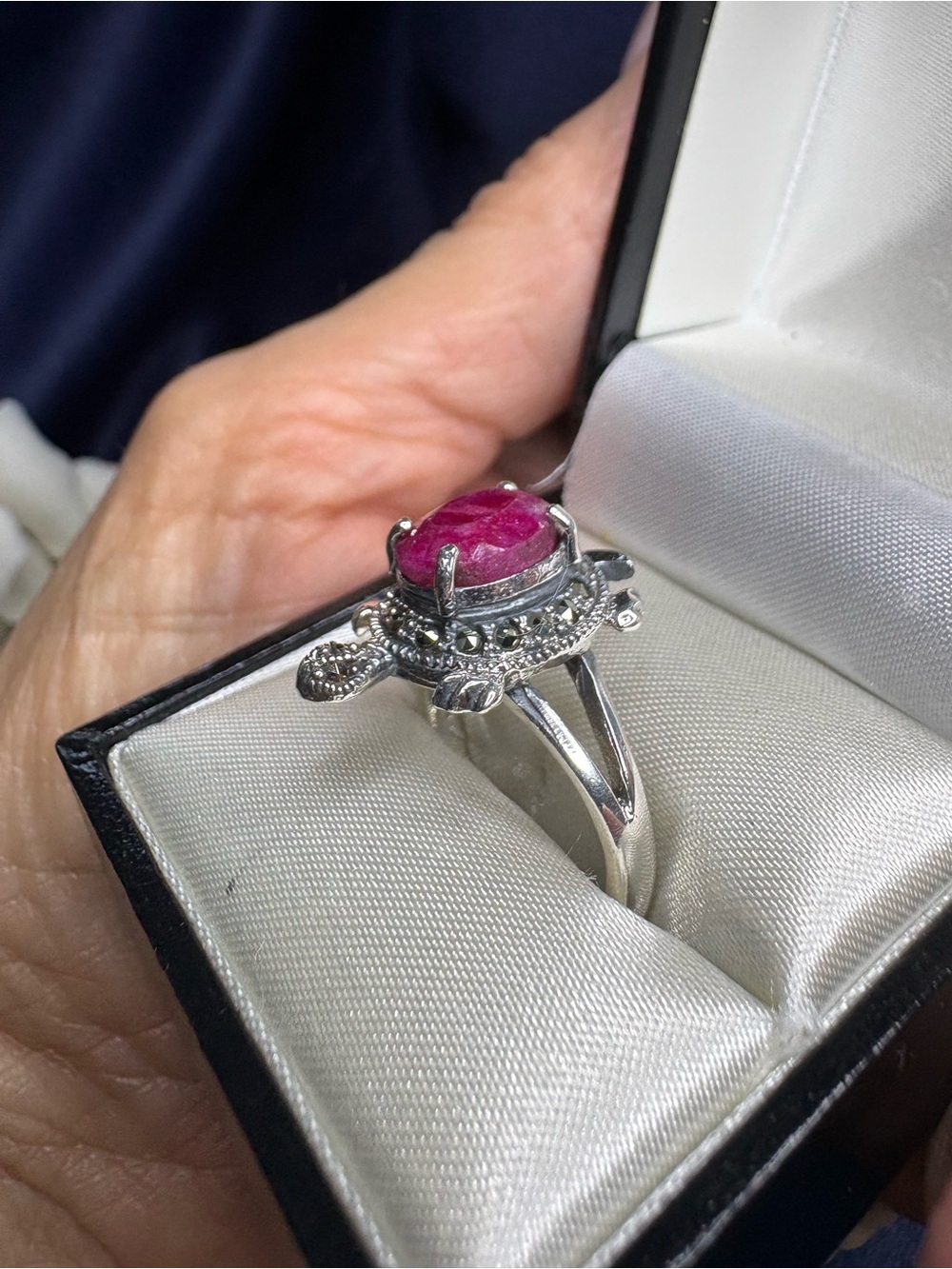 🤩Ring Turtle Sterling Silver Ruby Gemstone Marcasite Accents Split Shank Band - Picture 5 of 6